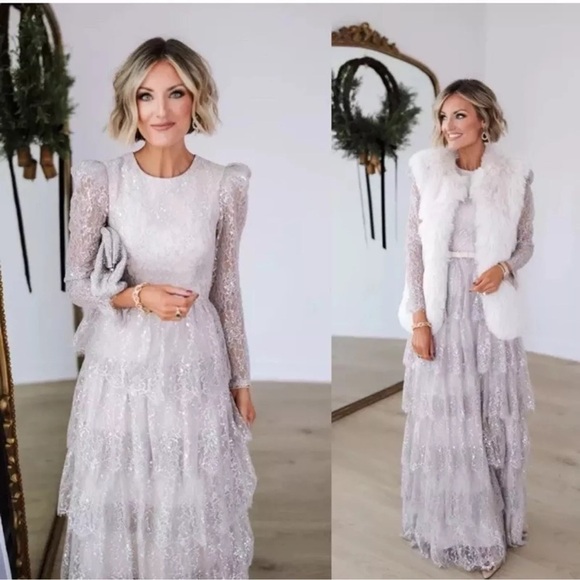 Antonio Melani Born on Fifth Silver Metallic Lace Long Sleeve Tiered Dress NEW - Picture 3 of 14